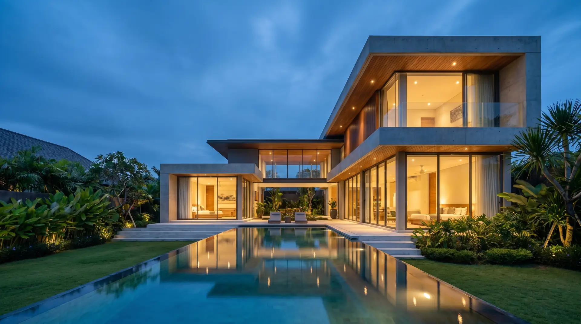 Modern Bali pool villa under construction with tropical architecture and infinity pool