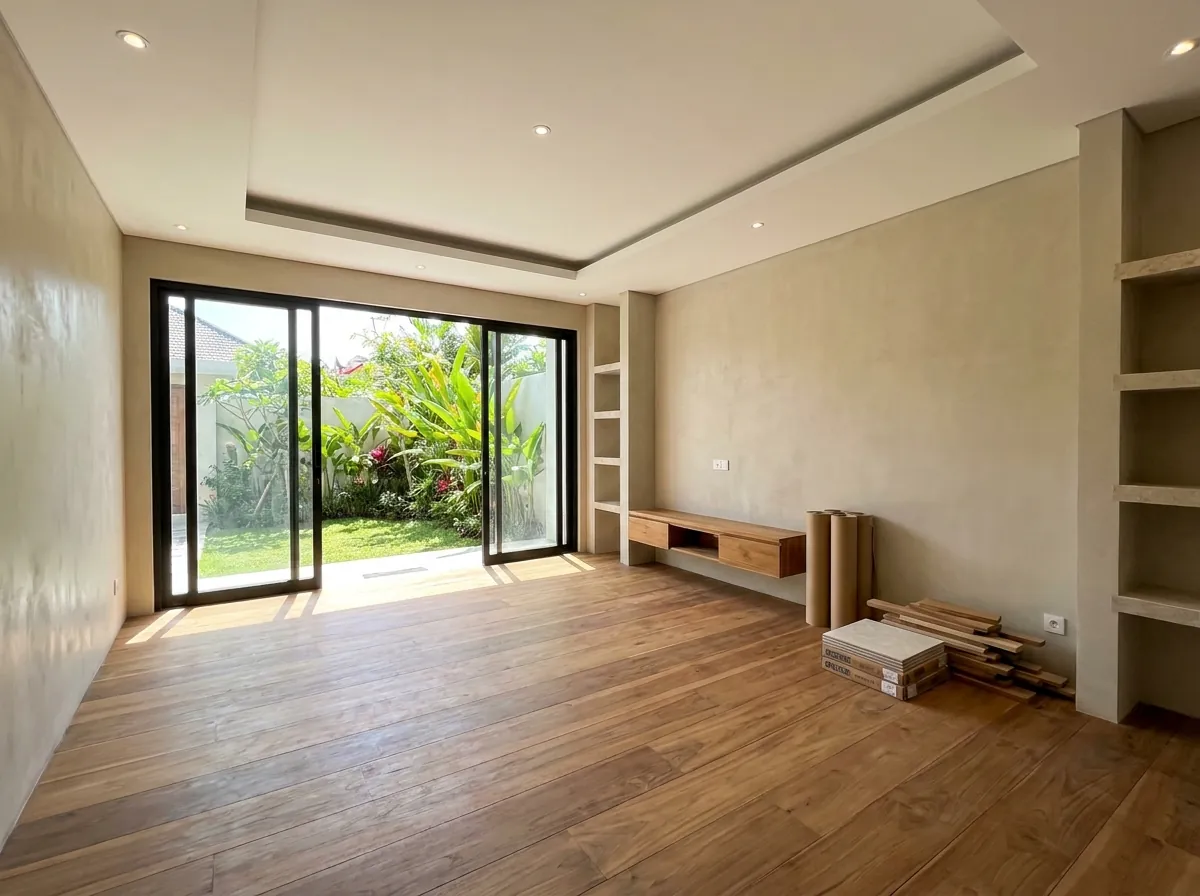 Finished interior of a Bali villa with timber, terrazzo and built-in joinery