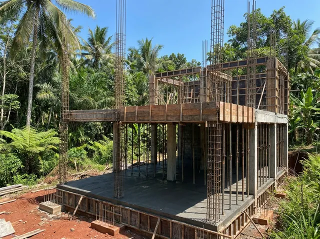 Reinforced concrete foundation and structural frame of a Bali villa under construction