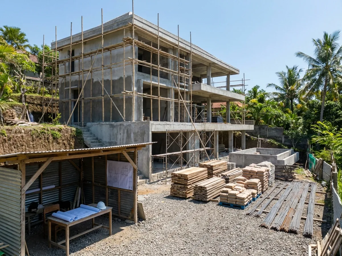 Site manager supervising villa construction quality on a Bali building site